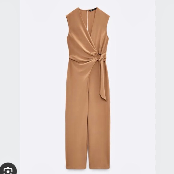 Zara NWT beige tan wrap O ring tie open back cutout jumpsuit - Picture 8 of 8